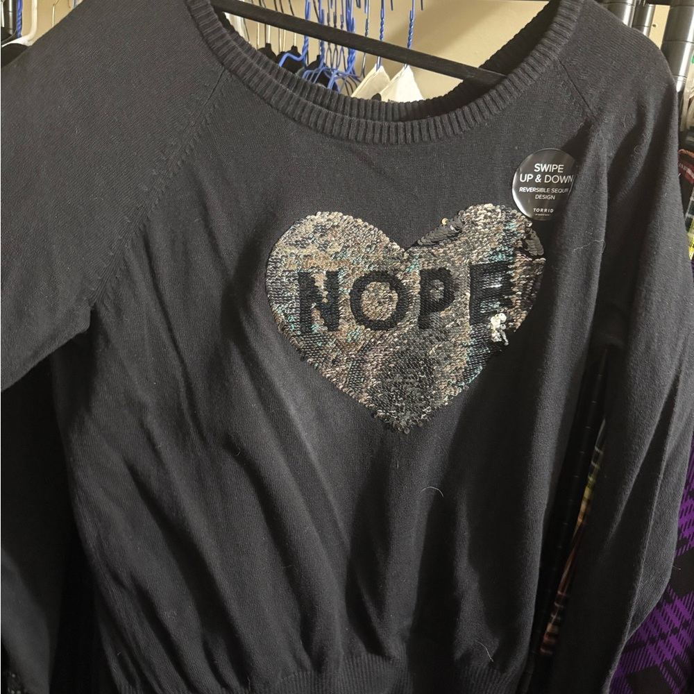 Torrid Black and Silver Reversible Sequin Heart Pullover - Picture 5 of 9